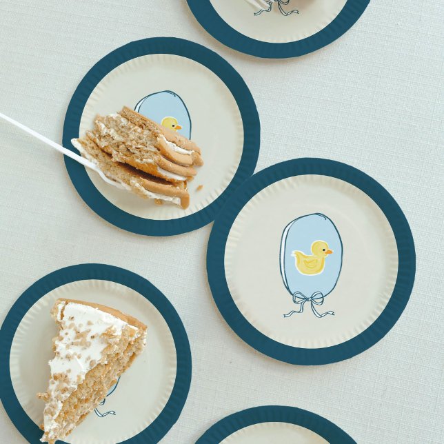 Assiettes En Carton Élégant Baby shower en caoutchouc bleu Turquoise (Elegant meets cute yellow and blue rubber ducky baby shower paper plates.)
