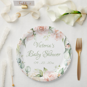 Assiettes En Carton Élégant Baby shower Floral Vert Sage
