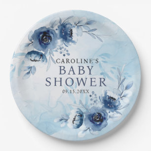 Assiettes En Carton Elégant Baby shower Garçon Fleurs Bleues