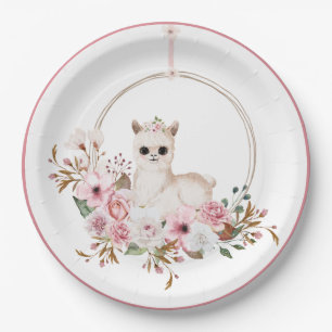 Assiettes En Carton Elégant Baby shower Llama rose Floral