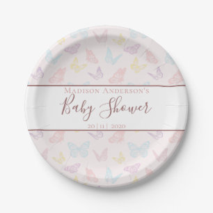 Assiettes En Carton Élégant Baby shower Motif Pastel Pink Butterfly