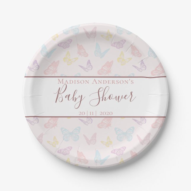 Assiettes En Carton Élégant Baby shower Motif Pastel Pink Butterfly (Devant)