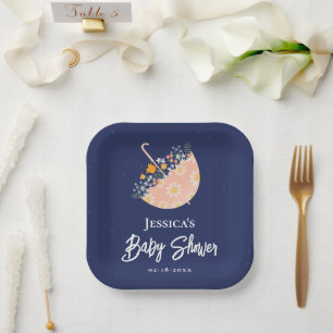 Assiettes En Carton Élégant Baby shower-parapluie rose Fleur sauvage