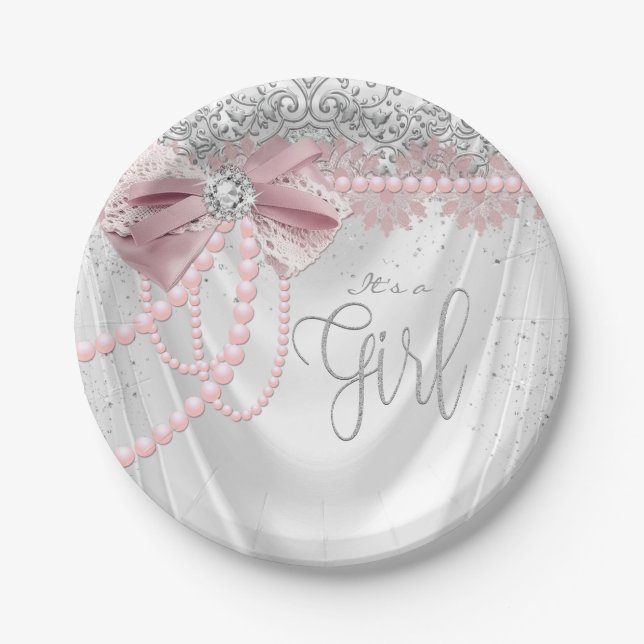 Assiettes En Carton Élégant Baby shower rose Diamond Rose (Devant)
