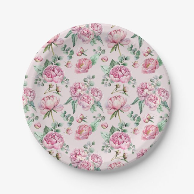 Assiettes En Carton Élégant Baby shower rose rose floral et verdoyant (Devant)