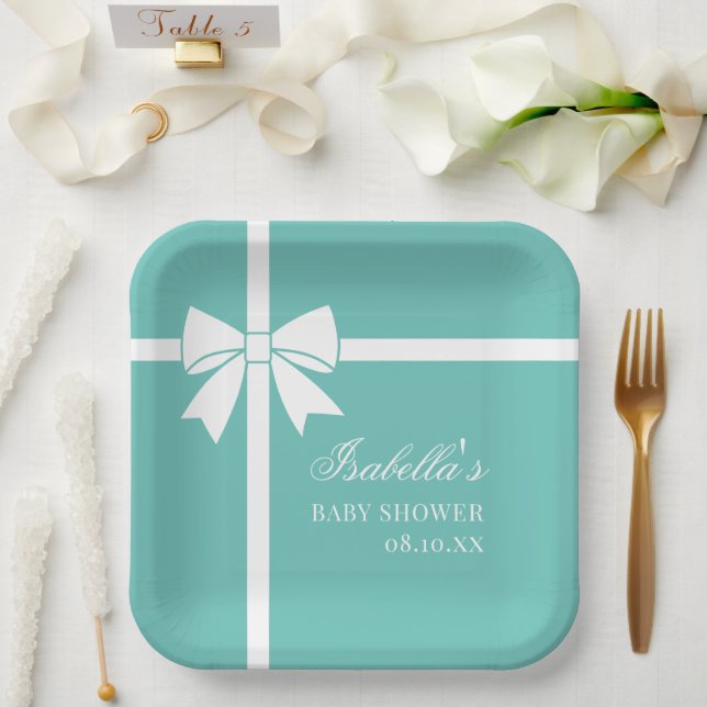 Assiettes En Carton Elégant Baby shower Turquoise Bleu Et Blanc Ruban  (Mariage)