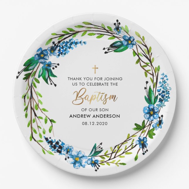 Assiettes En Carton Élégant Baptême Floral (Devant)