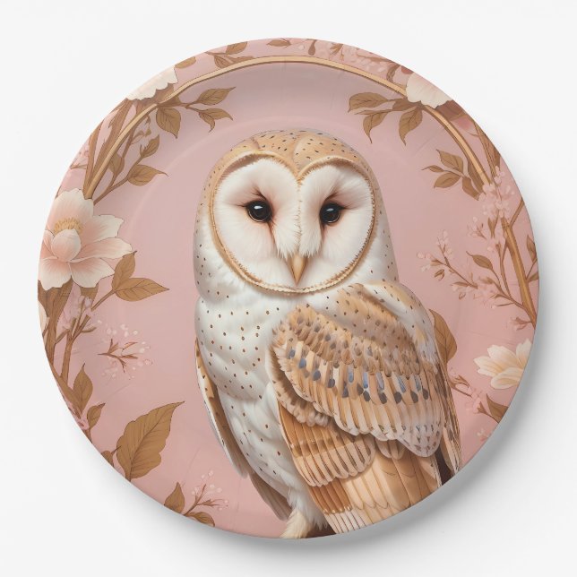 Assiettes En Carton Elegant Barn Owl Pink and Gold Floral  (Devant)