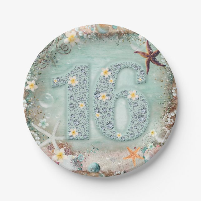 Assiettes En Carton Elégant Beach Sea Starfish & Pearls Sweet 16 Party (Devant)