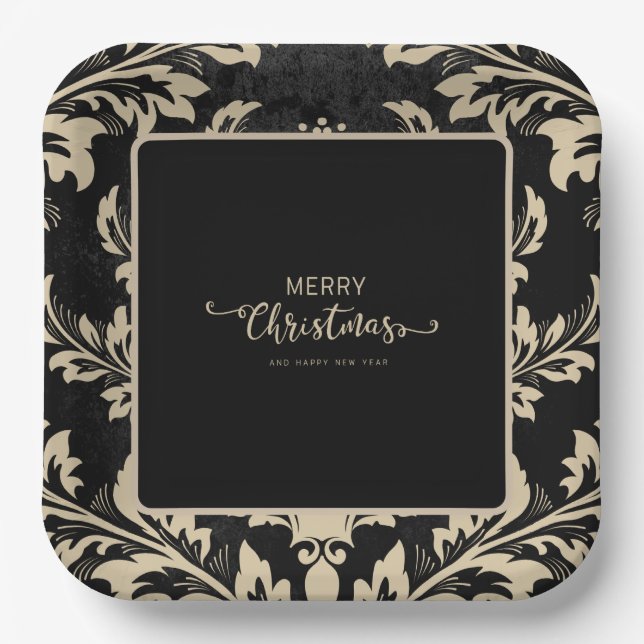 Assiettes En Carton Élégant beige damassé Noël personnalisé Plaques en (Recto)