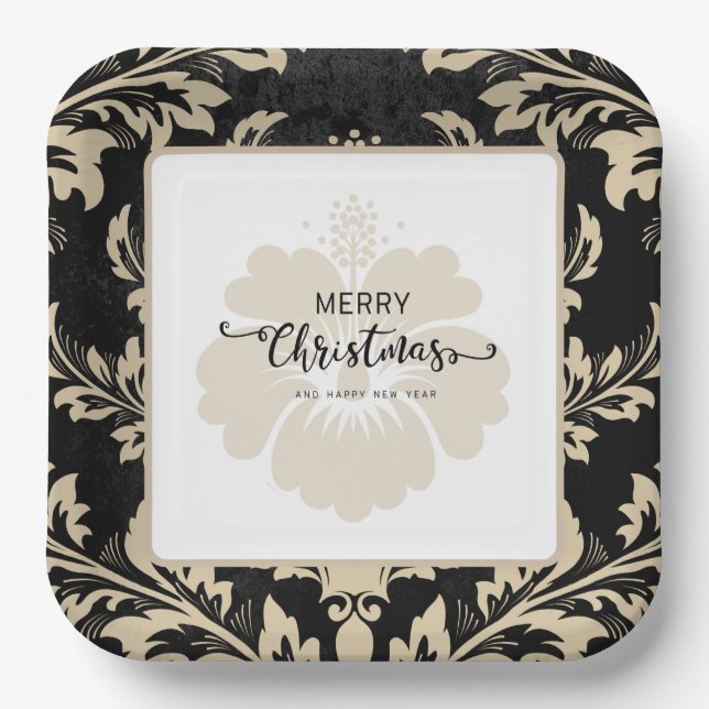 Assiettes En Carton Élégant beige damassé Noël personnalisé Plaques en (Recto)