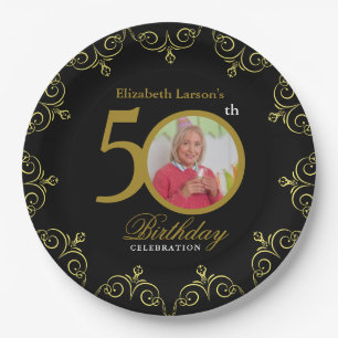 Assiettes En Carton Elégant Black and Gold 50th Birthday Invitation