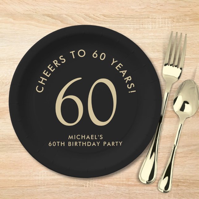 Assiettes En Carton Elegant Black Gold 60th Birthday Party (Créateur téléchargé)