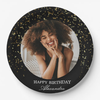 Assiettes En Carton Elegant Black & Gold Confetti Birthday Photo