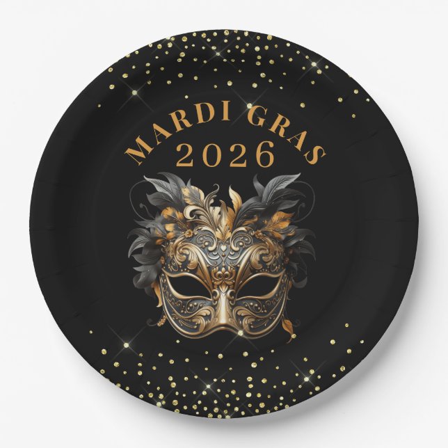 Assiettes En Carton Elegant Black Gold Glitter Mardi Gras 2026 (Devant)