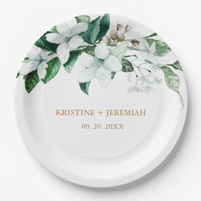 Assiettes En Carton Elégant blanc Aquarelle Floral Mariage (Devant)