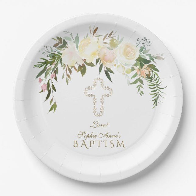 Assiettes En Carton Elégant blanc ivoire Aquarelle Baptême floral (Devant)