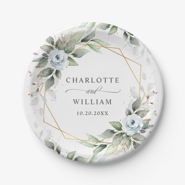Assiettes En Carton Elégant bleu bleu bleu floral Mariage (Devant)
