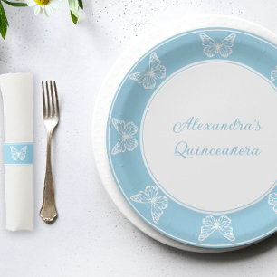 Assiettes En Carton Elégant bleu clair Quinceañera - Papillon Classy