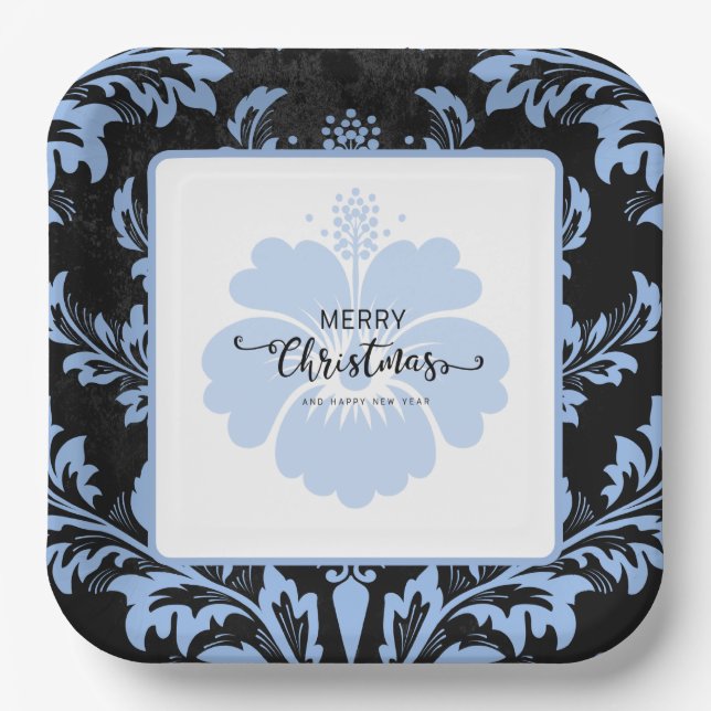 Assiettes En Carton Élégant bleu damassé Noël personnalisé Plaques en  (Recto)
