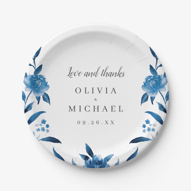 Assiettes En Carton Elégant bleu et blanc aquarelle Mariage floral (Devant)
