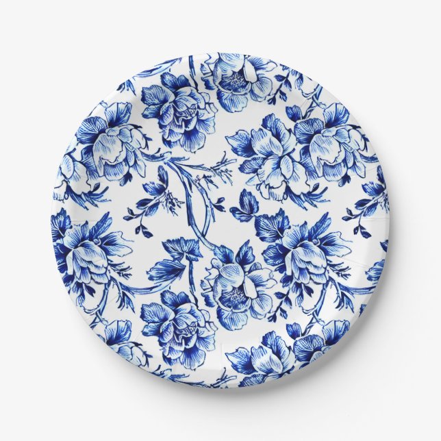 Assiettes En Carton Elégant bleu et blanc Toile Floral (Devant)
