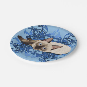 Assiettes En Carton Elégant bleu floral chat siamois jolie féline