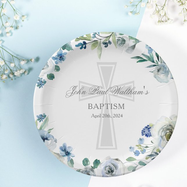 Assiettes En Carton Élégant bleu floral croisé religieux Baptême (Créateur téléchargé)