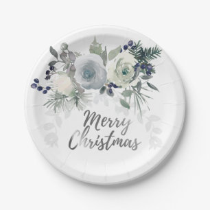 Assiettes En Carton Elégant bleu marine Rose blanche Joyeux Noël