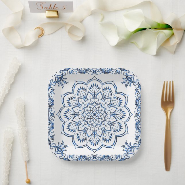 Assiettes En Carton Elégant bleu métallique Mandala (Mariage)