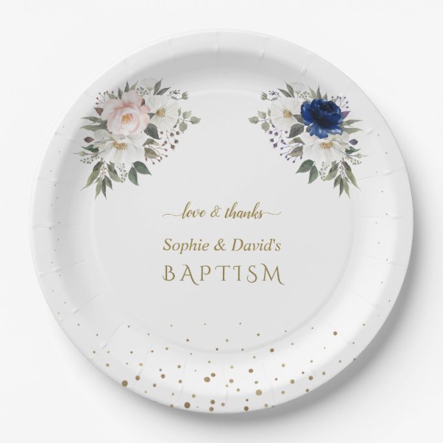Assiettes En Carton Elégant bleu rose Fleurs blanches jumeaux Baptême (Devant)