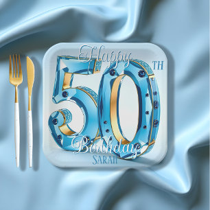 Assiettes En Carton Elégant Blue and Gold Gemstone 50e anniversaire
