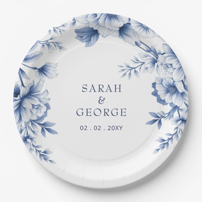 Assiettes En Carton Elegant Blue Chinoiserie Floral Botanical Wedding (Devant)