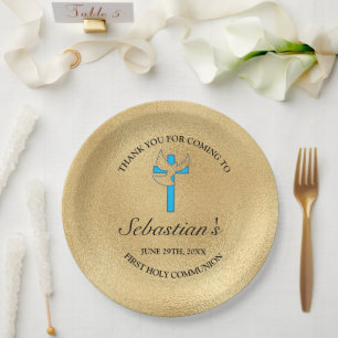 Assiettes En Carton Elégant Blue Gold Cross Premier Parti Communion