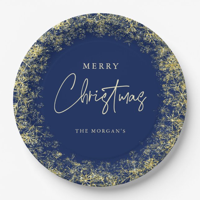 Assiettes En Carton Élégant Blue Gold Snowflakes Noël (Devant)
