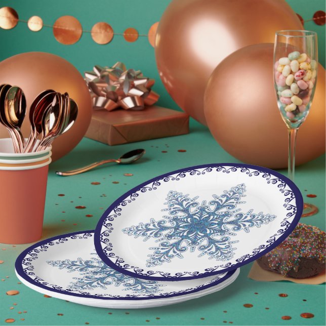 Assiettes En Carton Élégant Blue Snowflake Holiday (Multi)