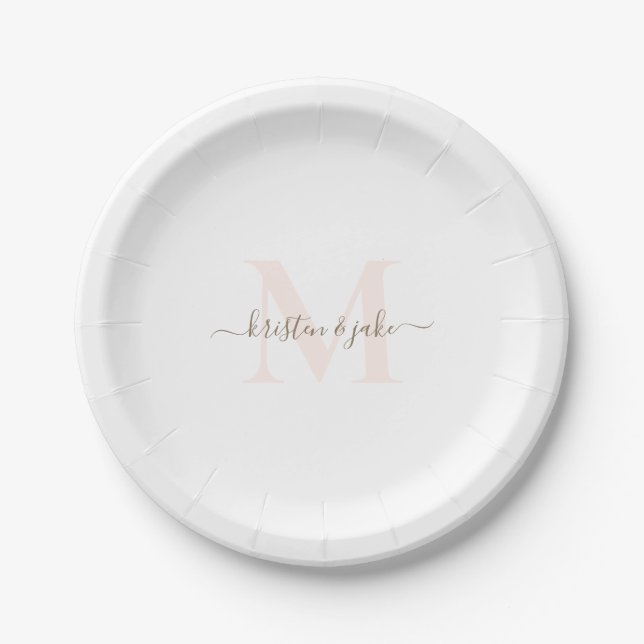 Assiettes En Carton Élégant Blush & Gold Monogram Mariage Swash (Devant)