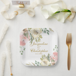 Assiettes En Carton Élégant Blush rose Floral Mariage de script or