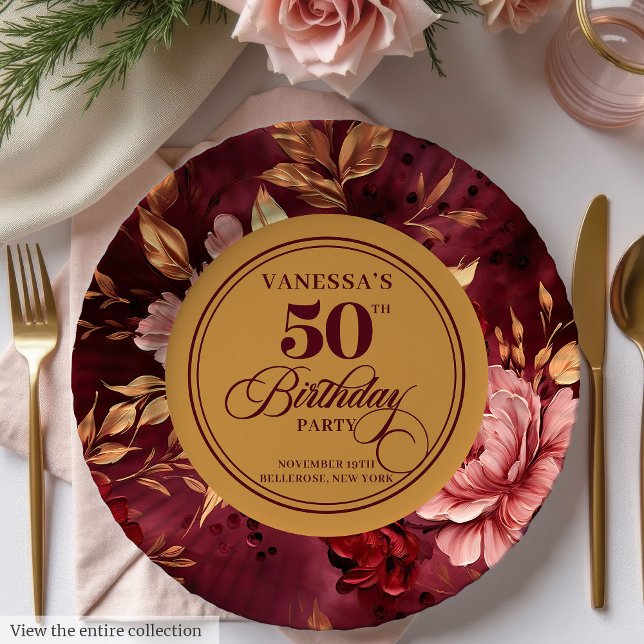 Assiettes En Carton Elégant Boho Bourgogne Blush Gold 50e anniversaire (Elegant Boho Burgundy Blush Gold 50th Birthday Paper Plates)
