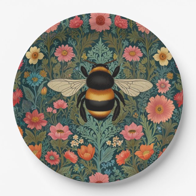 Assiettes En Carton Elegant boho retro bumblebee spring florals  (Devant)