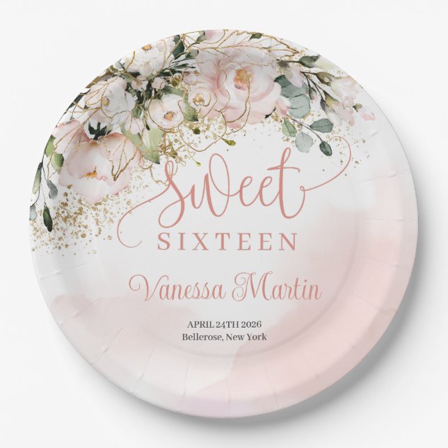 Assiettes En Carton Élégant boho rose rose rousse sweet sixteen or (Devant)