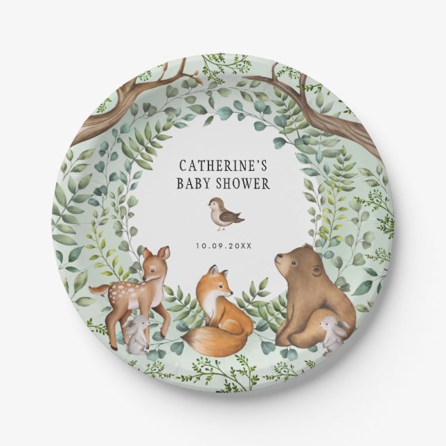 Assiettes En Carton Élégant Bois Forêt Animaux Baby shower Faveurs (Devant)