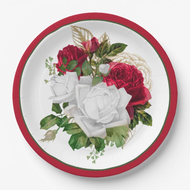 Assiettes En Carton Elégant Bouquet de Roses Blanches Rouges (Devant)
