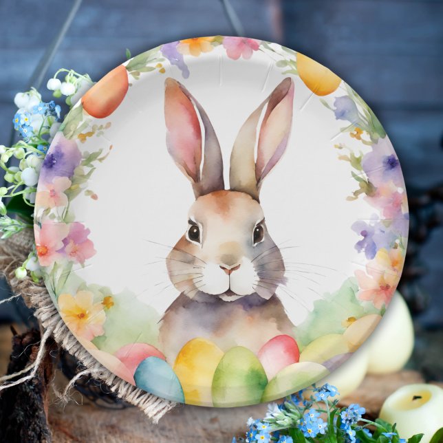 Assiettes En Carton Elégant Brunch de Pâques Aquarelle Lapin Floral (Créateur téléchargé)