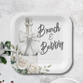 Assiettes En Carton Élégant Brunch Floral Blanc et Stickers Bubbly