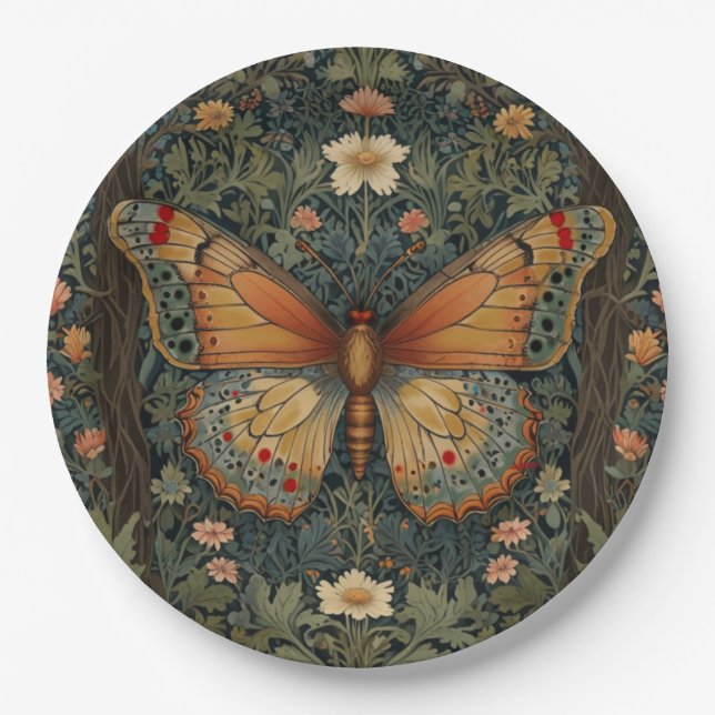 Assiettes En Carton Élégant buho rétro papillon botanique verdure (Devant)