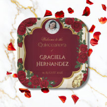 Elegant Burgundy Red & Gold Rose Quinceañera