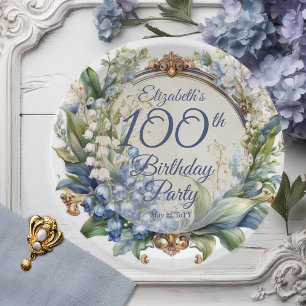 Assiettes En Carton Elégant cadre fleuri baroque 100e fête d'anniversa