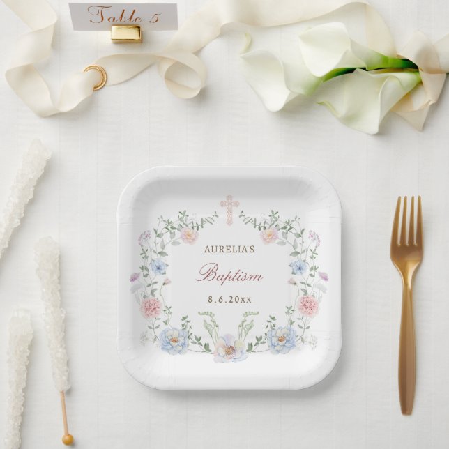 Assiettes En Carton Élégant cadre floral Baptême (Mariage)