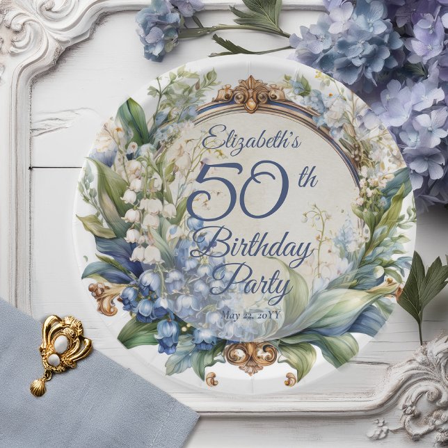 Assiettes En Carton Elégant cadre floral baroque 50ème anniversaire (Elegant Baroque Lily of the Valley and Hawthorn Floral Frame 50th Birthday Party Paper Plates)